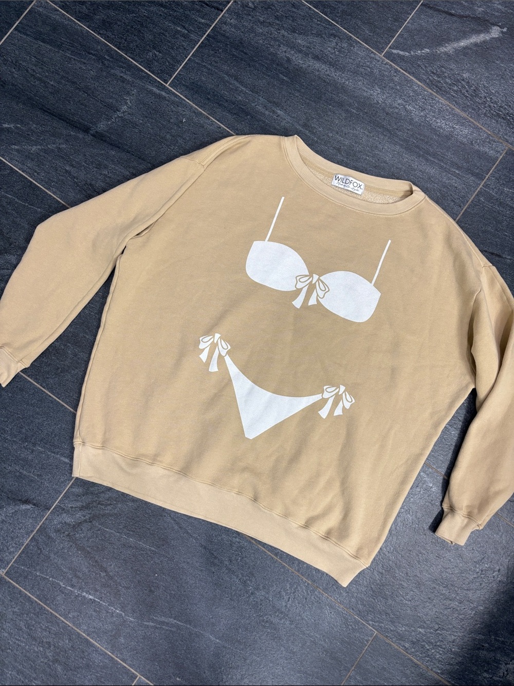 Wildfox tan Crewneck Sweater with White Bikini Graphic